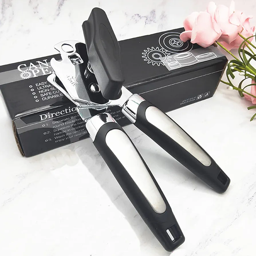 2024 New Premium Manual Can Opener, Handheld Smooth Edge Dual Handle, Straight Handle Light Weight Hanging Portable Healthy Essential Kitchen Tool, Black
