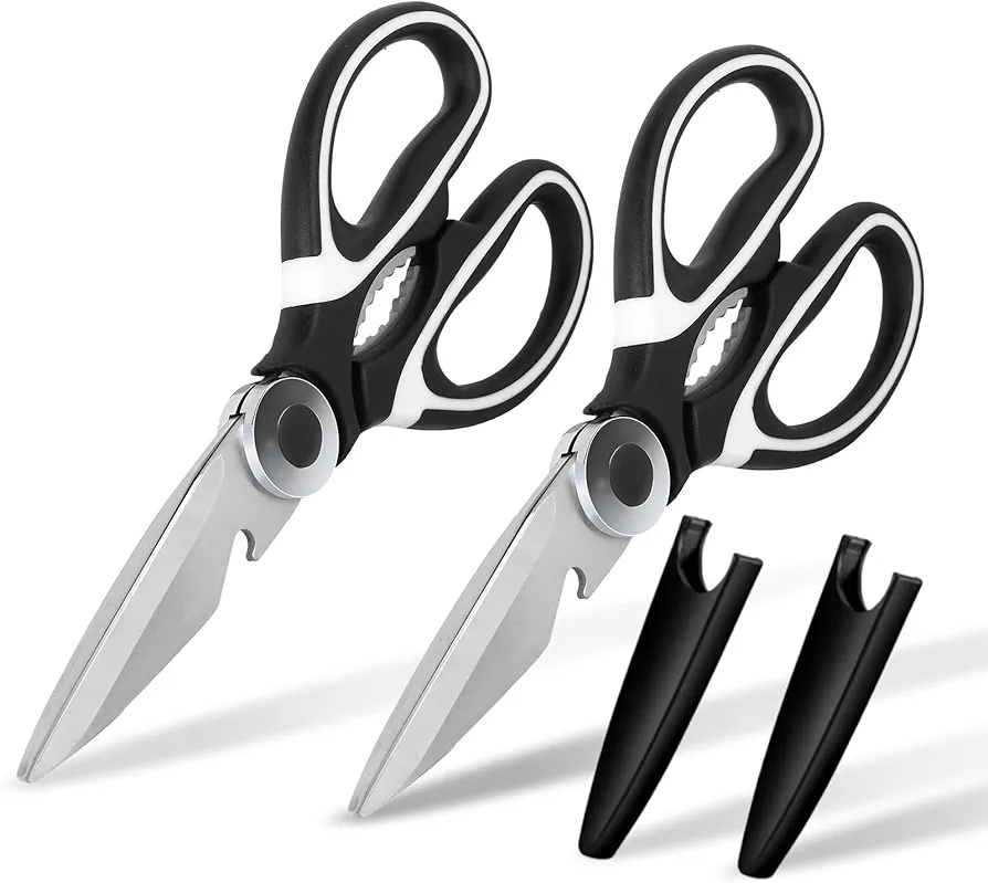 Kitchen Shears, Stainless Steel Cooking Scissors, Multifunctional Heavy-Duty Kitchen Scissor for Fish, Poultry, Meat, Chicken, BBQ, 2-Packs (Black White)