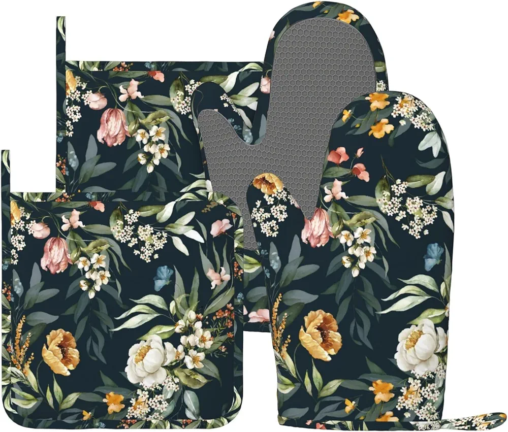 Black Flower Leaves Floral Dark Oven Mitts and Pot Holders Sets, 4pcs Silicone Non-Slip Kitchen Mitts Potholders Heat Resistant BBQ Gloves Hot Pads for Cooking Grilling Baking Chef Gifts Decor