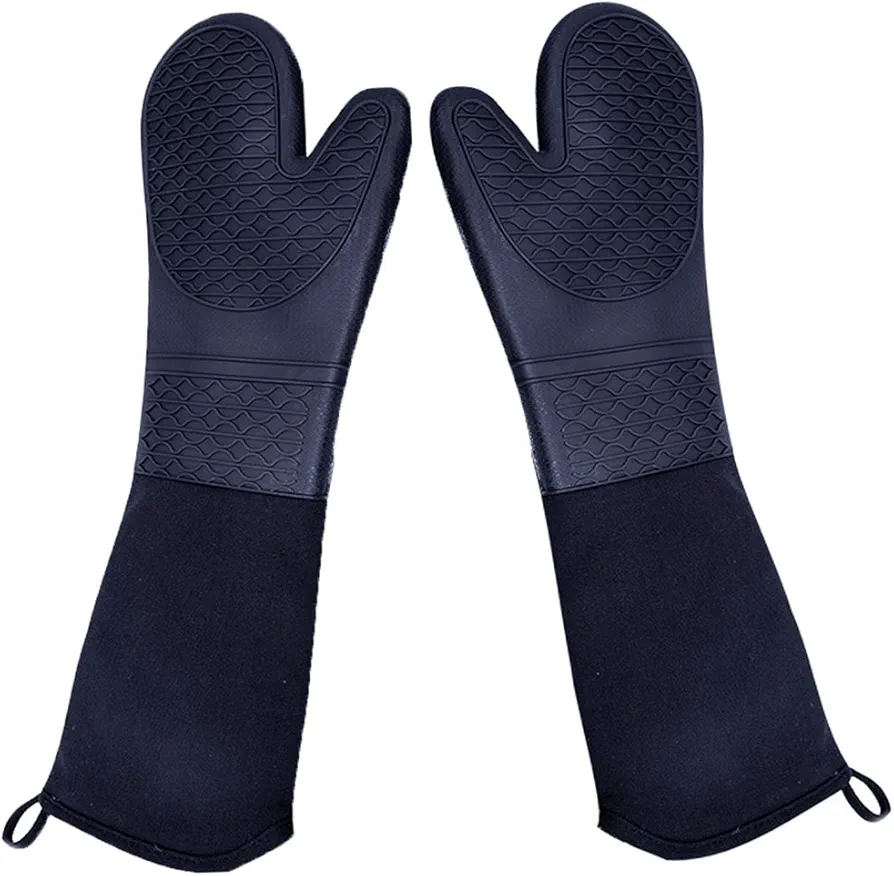 Extra Long Silicone Oven Mitts Heavy Duty Commercial Grade Oven Mitts Heat Resistant BBQ Gloves with Quilted Cotton Lining 2 Pack