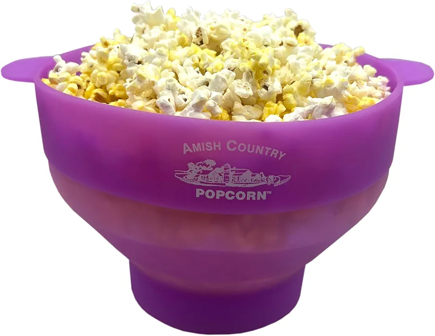 Amish Country Popcorn | Collapsible Silicone Microwave Popper with Customized ACP Logo | BPA and PVC Free Popcorn Bowl with Handles | Dishwasher Safe | Includes 2-2 oz Bags of Kernels (Purple)