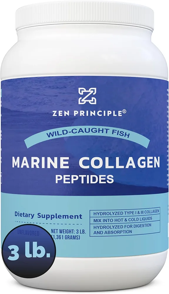 Zen Principle Marine Collagen Peptides Powder 3 lb. Wild-Caught Fish, Non-GMO. Supports Healthy Skin, Hair, Joints, and Bones. Hydrolyzed Type 1 & 3 Protein. Amino Acids, Unflavored, Easy to Mix.