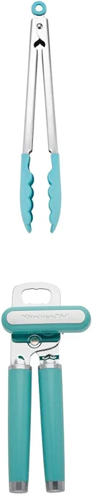 KitchenAid Silicone Tipped Stainless Steel Tongs, 10.26 Inch, Aqua Sky & KitchenAid Classic Multifunction Can Opener/Bottle Opener, 8.34-Inch, Aqua Sky