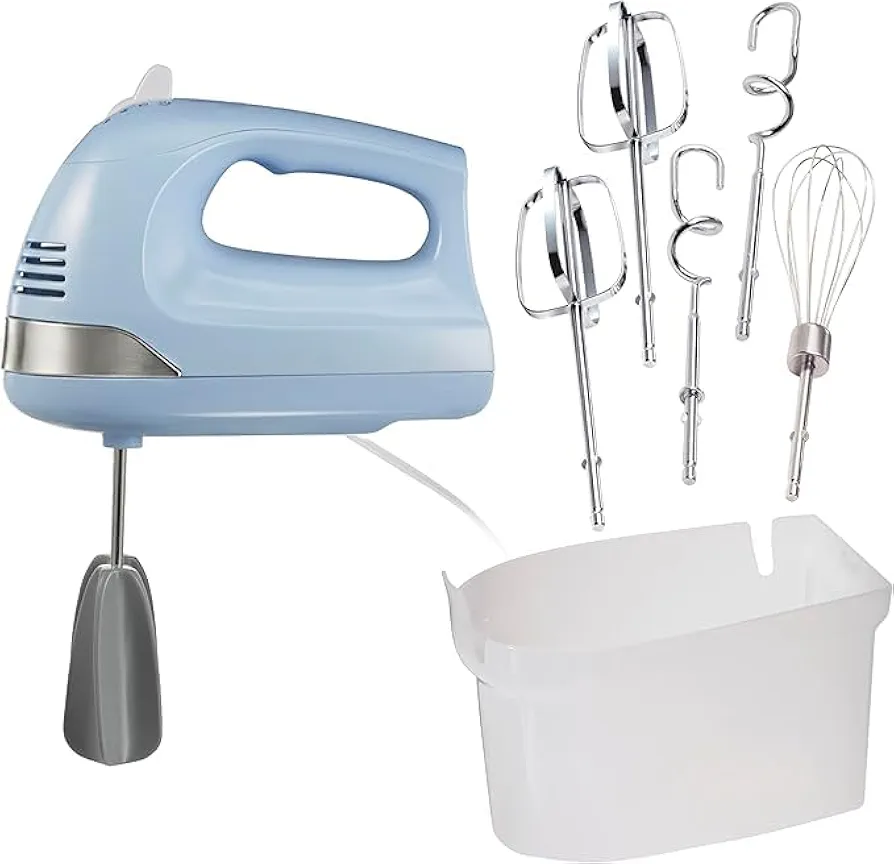 Electric Hand Mixer, 6-Speed, 275W Motor, Whisk, Dough Hooks, Storage Case (Blue)