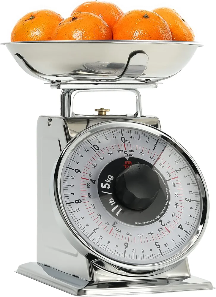 Tada 11lb Precise Portions Analog Food Scale Stainless Steel Mechanical Kitchen Scale, Removable Bowl, Tare Function, Retro Style, Kitchen Friendly