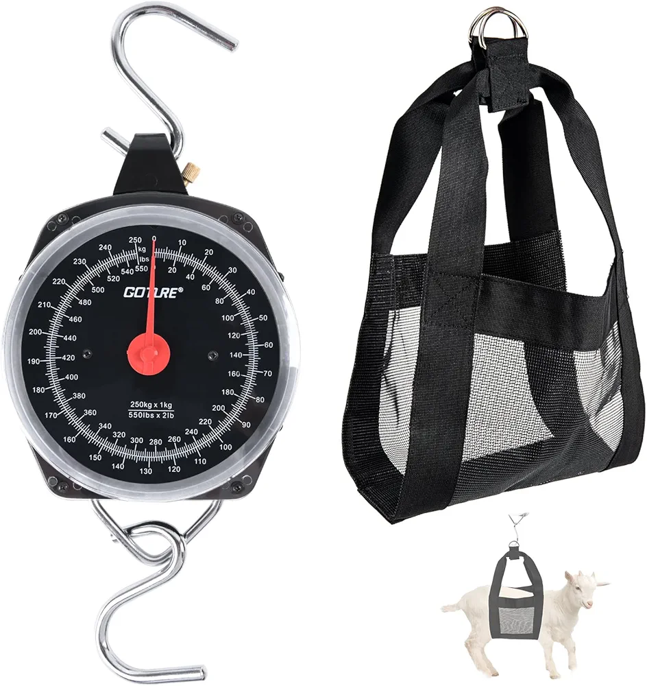 Mechanical Hanging Scales 550lb/250kg, Calf Sling and Hanging Weight Scale 2 in 1 Kit, Weighing Sling for Calves Lambs Goats Newborn Livestock Dogs, High Accuracy Spring Dial Weight Scale