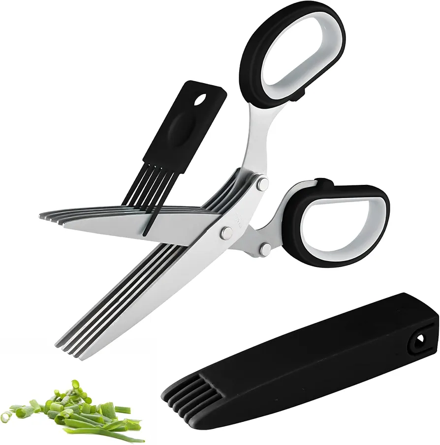 Joyoldelf Gourmet Herb Scissors Set - Master Culinary Multipurpose Cutting Shears with Stainless Steel 5 Blades, Herb Stripper, Safety Cover and Cleaning Comb for Cutting Cilantro Onion Salad