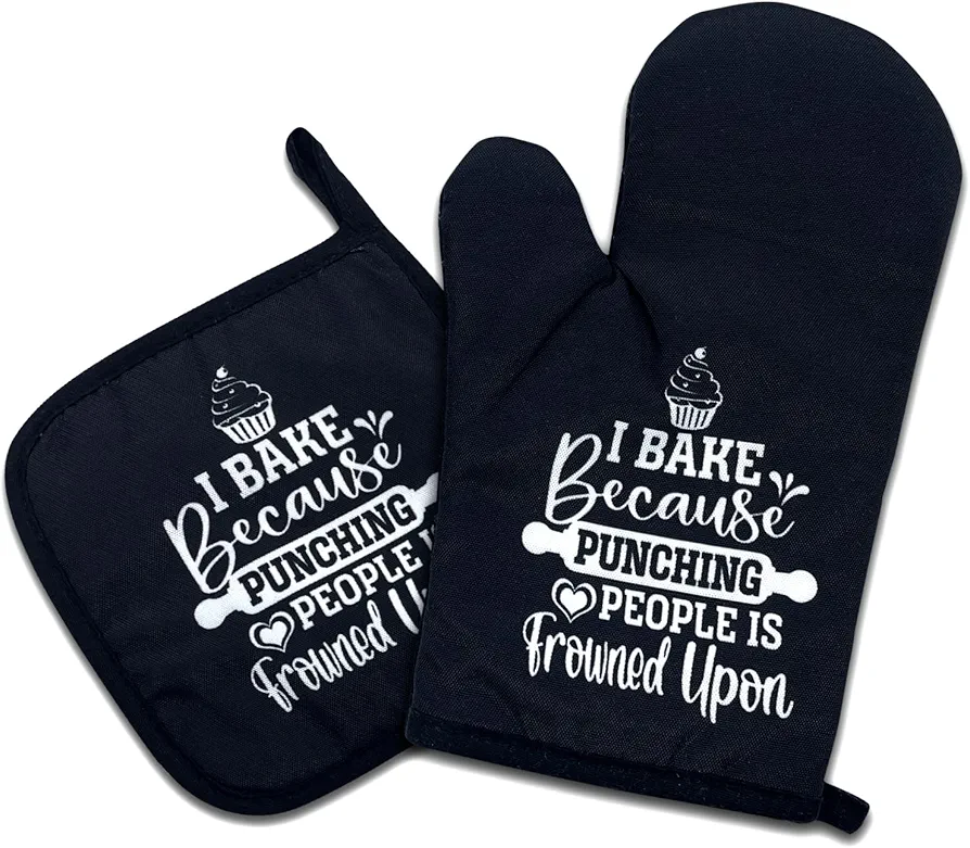 I Bake Because Punching People is Frowned Upon,Funny Oven Mitts and Pot Holders Sets of 2,Silicone Non-Slip Oven Mitts,Kitchen Gift for Men Women,Bake Lover Gift