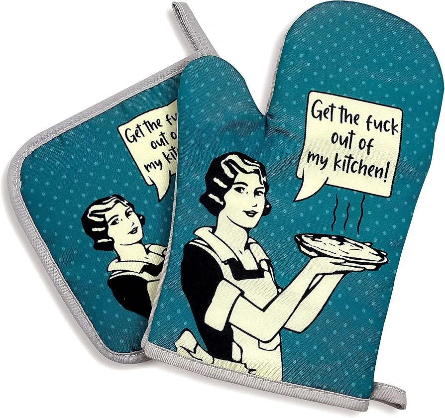Get The FXXK Out of My Kitchen,Oven Mitts and Pot Holders Sets of 2，Funny Oven Mitt，Silicone Non-Slip Oven Mitts,Kitchen Gift for Women，Birthday Gifts for Mom, Wife, Girlfriend, Grandma