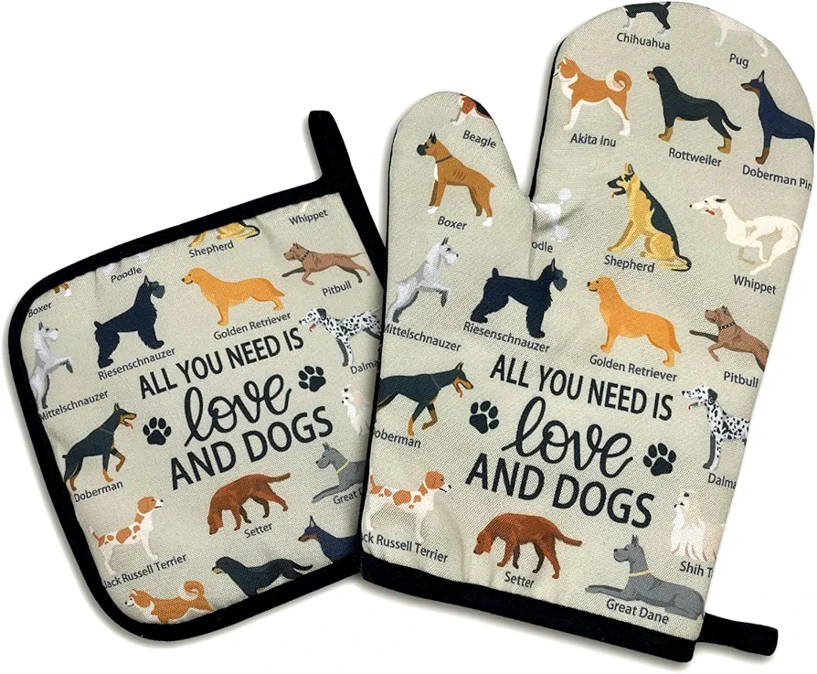 All You Need is Love and Dogs,Funny Oven Mitts and Pot Holders Sets of 2,Silicone Non-Slip Oven Mitts,Kitchen Gift for Men Women,Dog Oven Mitts,Dog Lover Gift