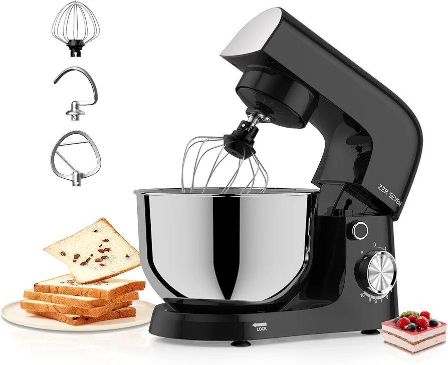 Stand Mixer, Dough Mixer, Cake Mixer, Kitchen Mixer with Bowl SS 5.5 QT, Copper Motor, Standing Mixer with Beater, Dough Hook, SS Egg Whisk (300W Black)