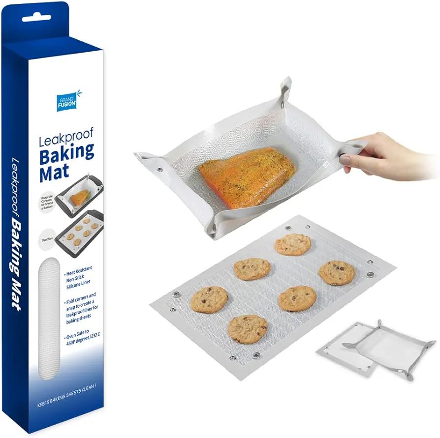 Grand Fusion 2 in 1 Silicone Baking Mat, Corner Clip for Leak Proof Baking Pan or Unclip for Flat Baking Sheet Liner, 11.8 x 15.75 in. BPA-Free and Non-Stick. Chef's Essentials. Pack of 1