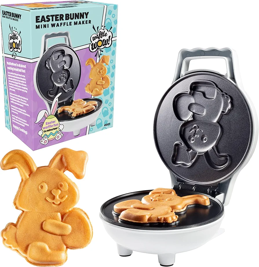 Easter Bunny Mini Waffle Maker - Make Holiday Breakfast Special for Kids & Adults w Cute Bunny Waffles or Pancakes- Individual 4 Inch Waffler Iron, Fun Easter Basket Stuffer or Egg Hunt Surprise Gift