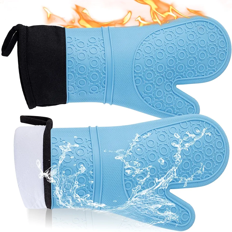 Heat Resistant Silicone Oven Mitts Waterproof Flexible Handle Hot Food Washable Blue Extra Long Anti-Slip Kitchen Glove for Baking Cooking BBQ, 1Pair