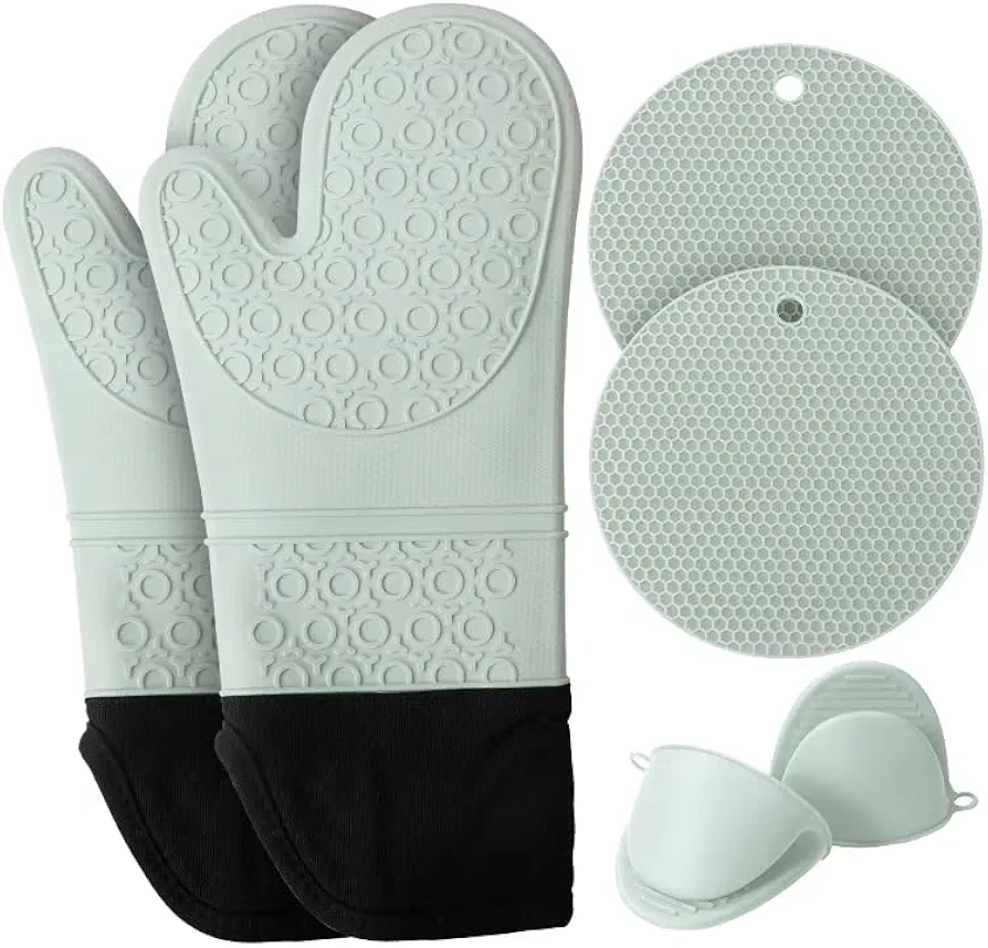 Silicone Oven Mitts and Pot Holders Sets Heat Resistant 600F Soft Lining Good Grip Gloves Hot Pads Potholders for Kitchen Cooking (Set of 2) (6 PCS Set-Light Green)