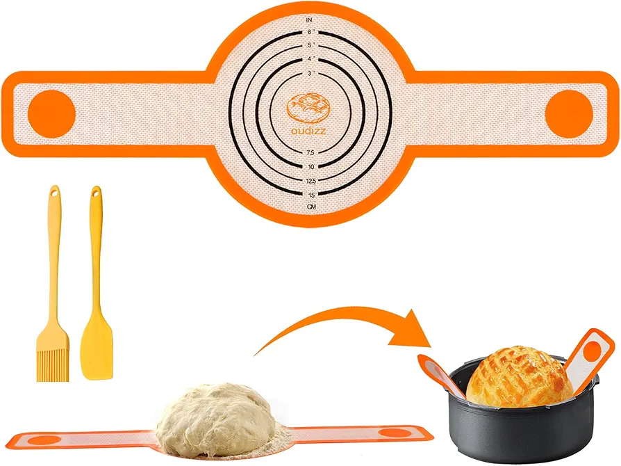 Silicone Bread Sling, Non-Stick Easy Clean Reusable Bread Mat For Dutch Oven, 8.3in Long Handles Dough Mat For Transfer Dough Pastry, Sourdough Starter Kit With Basting Brush & Silicone Spatula