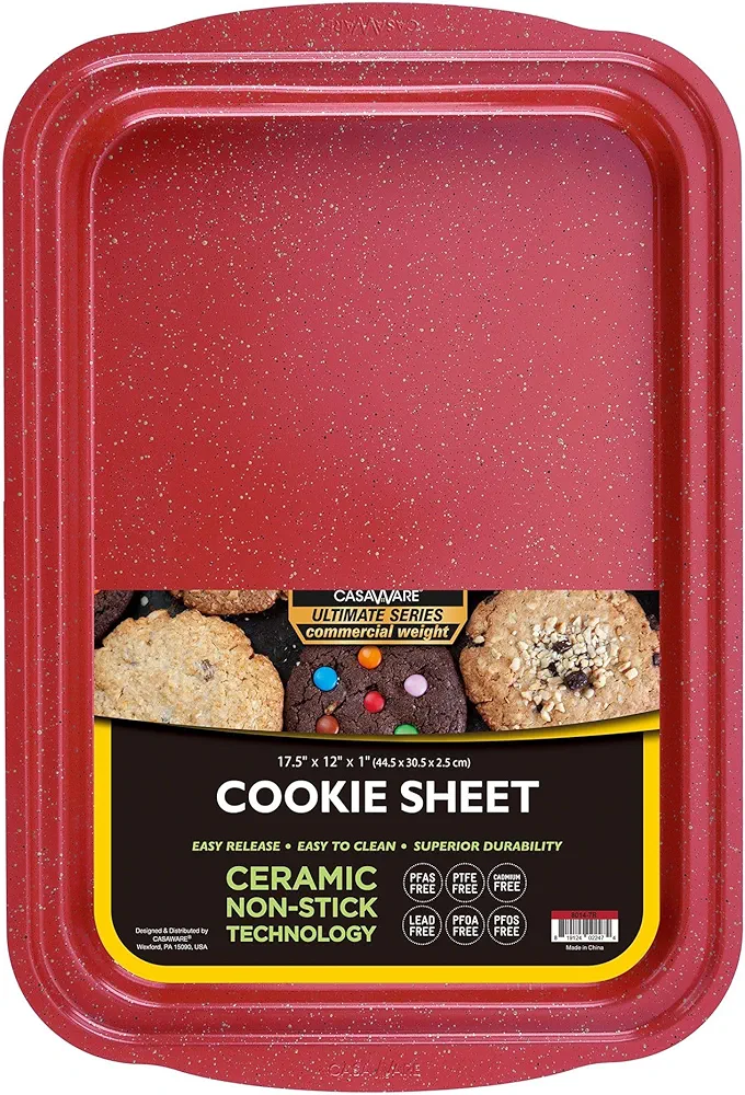 casaWare 17.5 x 12 x 1-Inch Cookie Sheet with 1.5-Inch Handles, Ultimate Series Commercial Weight, Ceramic Non-Stick Coating (Red Granite)
