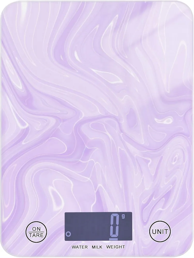 Food Scale Digital Kitchen Scales Baking Scale Weight Grams Ounces Milliliters Pounds for Weight Loss Cooking Meal Prep Small Tempered Glass Purple Marble Texture