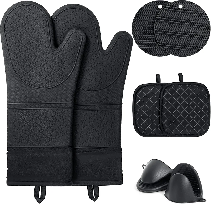 Oven Mitts and Pot Holders Sets, 8pcs Pot Holders and Oven Mitts Heat Resistant, Kitchen Non-Slip Silicone Oven Mitts with Soft Cotton Lining, 14.5" Extra Long Oven Gloves for Cooking, Black
