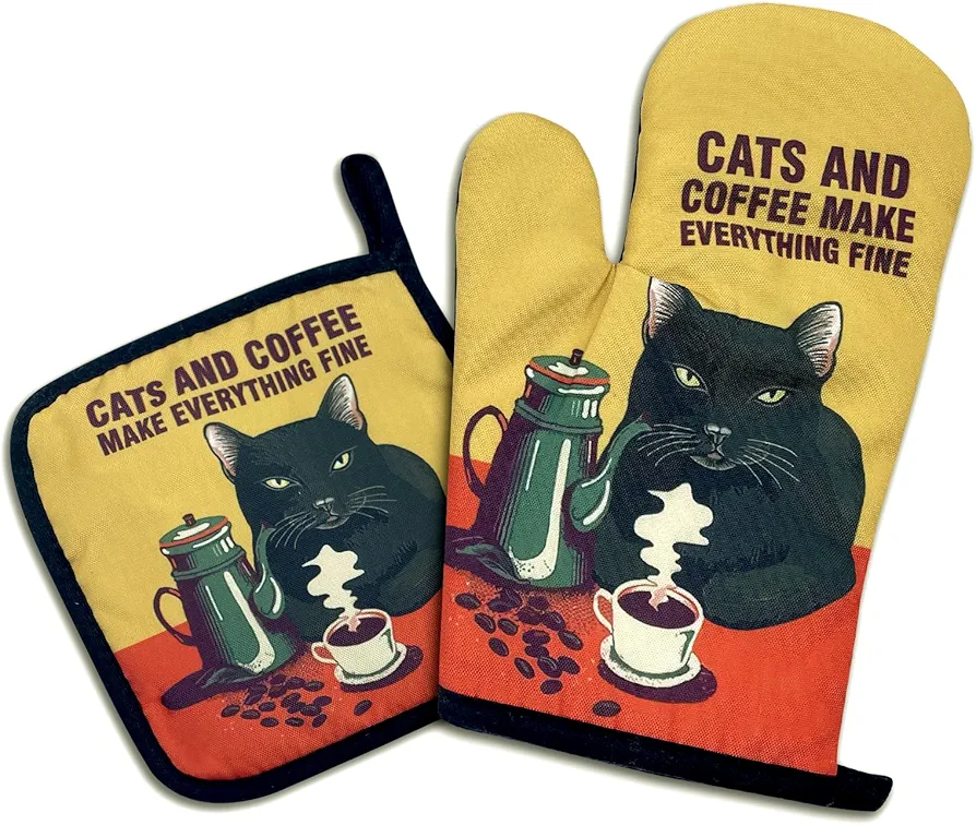 Cats and Coffee Make Everything Fine,Funny Oven Mitts and Pot Holders Sets of 2,Silicone Non-Slip Oven Mitts,Cooking Baking BBQ Gifts,Cat Oven Mitts,Cat Lover Gift