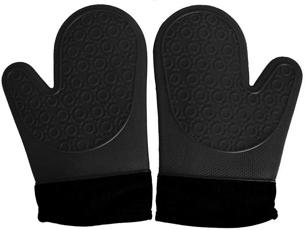 2PCS Black Professional Extra Large Silicone Oven Mitts and Pot Holders Oven Gloves Heat Resistant Gloves Kitchen Mittens BBQ Gloves for Cooking Grill Gloves Rubber Oven Mitt Cooking Gloves