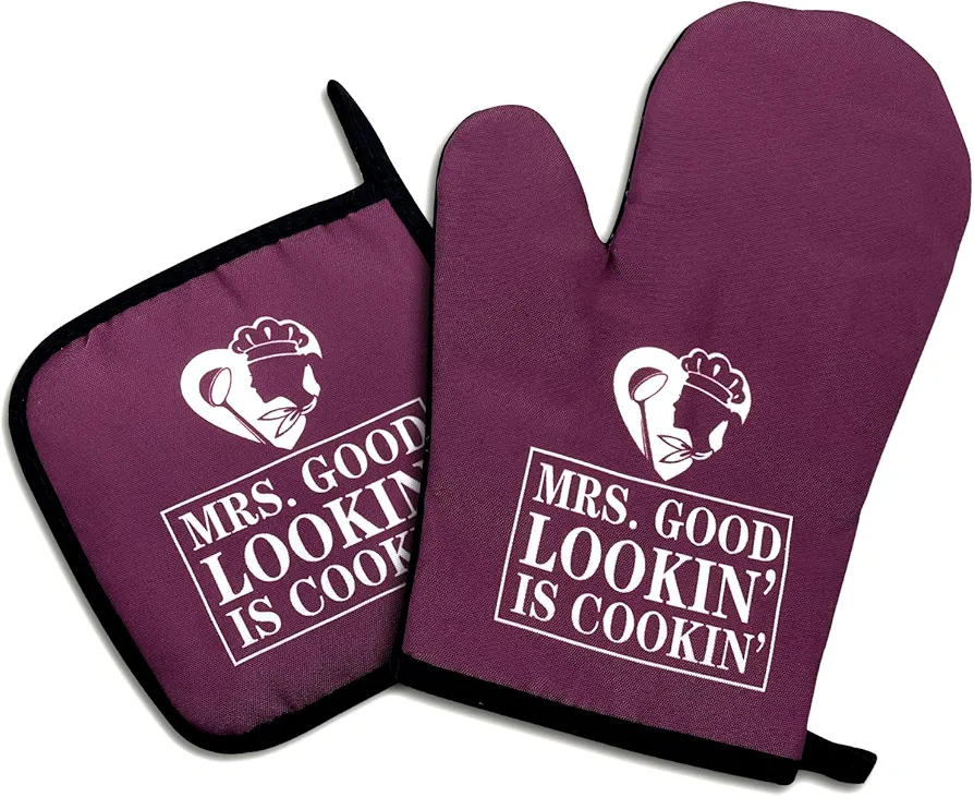 Mrs.Good Looking is Cooking,Funny Oven Mitts and Pot Holders Sets of 2,Silicone Non-Slip Oven Mitts,Kitchen Gift for Women,Cooking Baking BBQ Gifts,Female Chef Gift