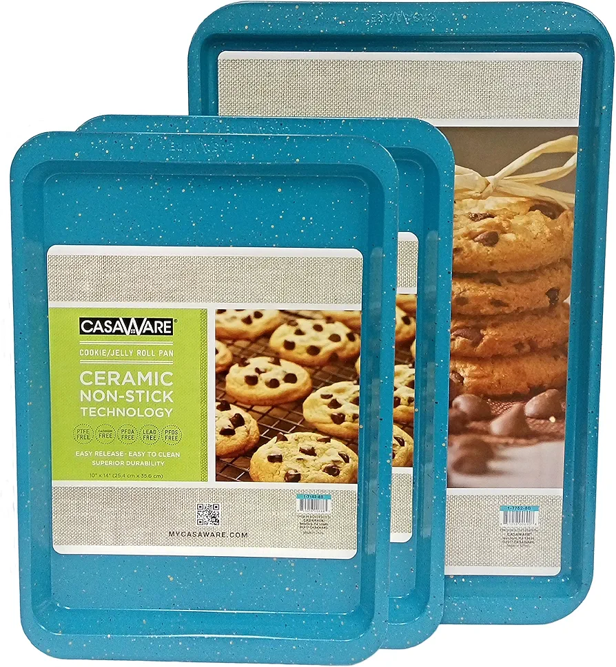 casaWare 3pc Multi-Size Cookie Sheet/Jelly Roll Pan Set (Blue Granite)