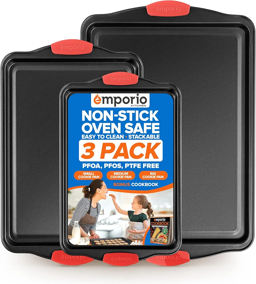 Baking Pan Set - Nonstick Coating, Carbon Steel Bakeware Set with Red Silicone Handles, PFOA, PFOS, PTFE Free, Recipe Booklet Included, Oven Safe Tray (Up To 450° F), Set of 3 - Black