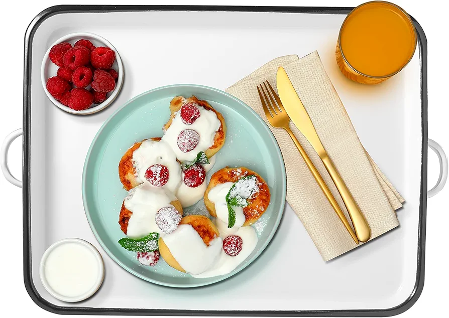 17” White Enamel Serving Tray with Handles and Baking Cookie Sheet, White