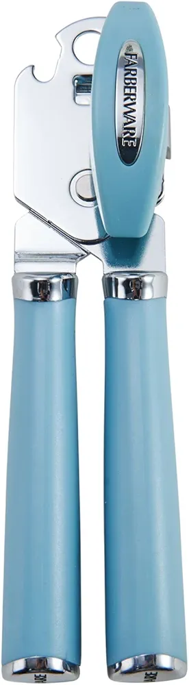 Farberware Professional Retro Heavy Duty Stainless Steel Smooth Edge Manual Hand Held Can Opener With Soft Touch Handle, Rust Proof Oversized Handheld Easy Turn Knob Blue