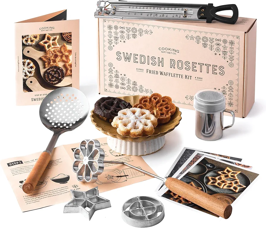 Swedish Rosettes Cooking Set - Funnel Cake Maker with Traditional Waffle Iron - Unique Gifts for Cooks Baking Set - Mini Waffle Maker Baking Kit - Cooking Gifts, Chef Gifts, Food Gift, Hostess Gift