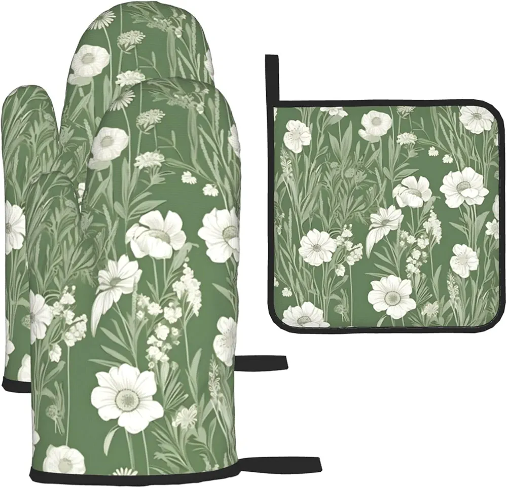 Flower Floral Green Leaf Oven Mitts and Pot Holder Set of 3 Pcs Oven Gloves Heat Resistant Oven Mitts for Kitchen Backing Grilling