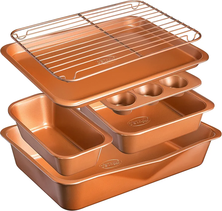 6 Piece Non-Stick Bakeware Set Includes Baking Pans, Cookie Sheet, Loaf Pan, Muffin Tin and more with Premier Ti-Cerama Copper Coating 100% PFOA Free,Graphite