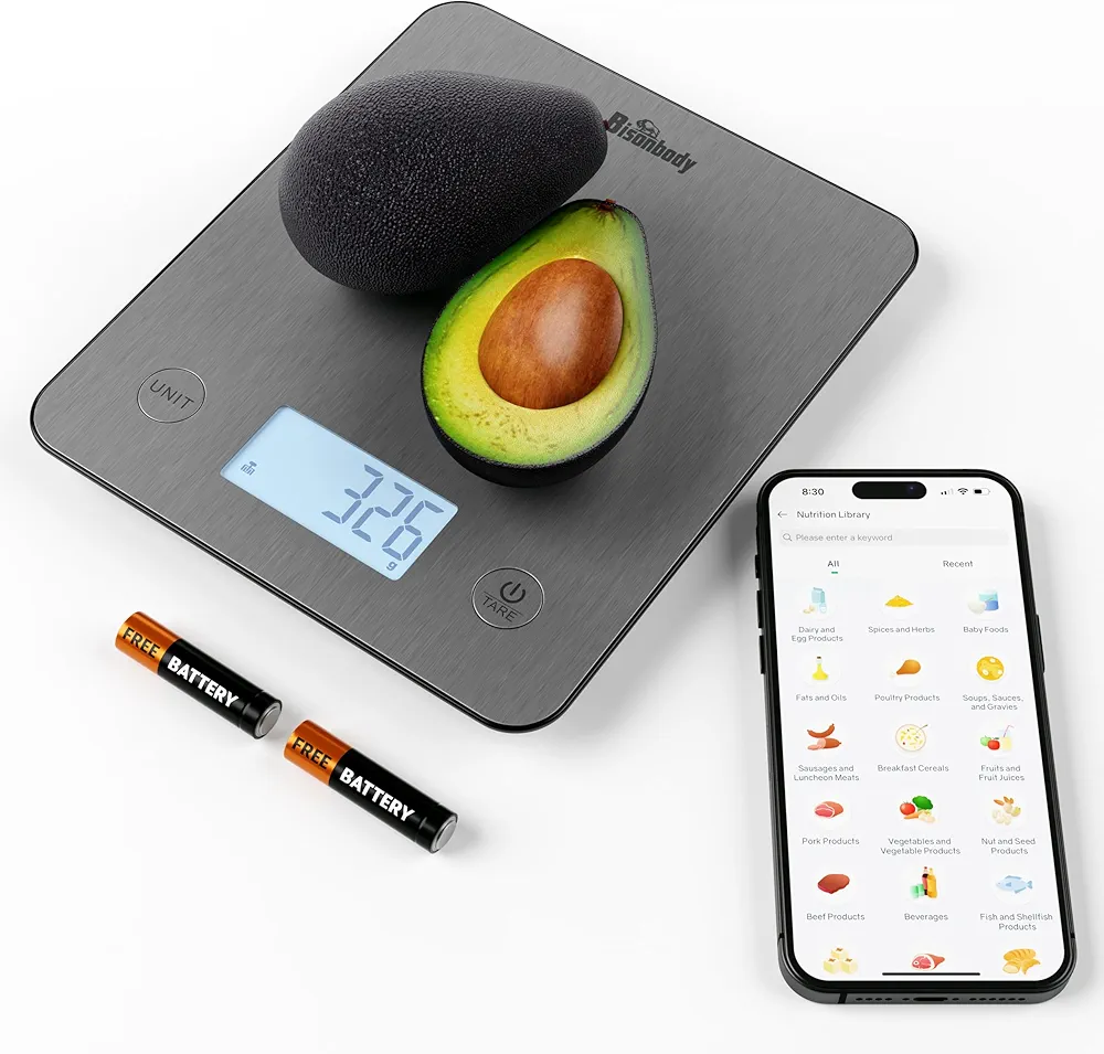 Digital Food Kitchen Scale with Smart App – Large Kitchen Scale with 201 Stainless Steel Surface 5 Unit Conversions Tare Function – Digital Kitchen Scale App to Track Nutritional Information