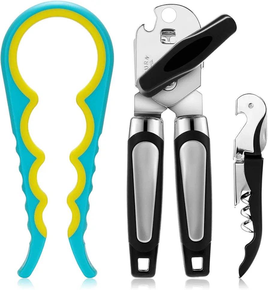 Aieve Can and Jar Opener Set, Can Opener Manual with Smooth Edge, Jar Opener for Seniors with Arthritis, 2 in 1 Corkscrew Wine Opener and Beer Bottle Opener (3 Pack)