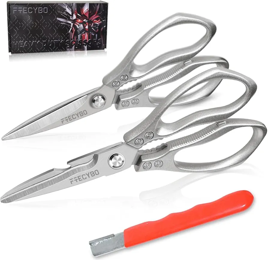 All Purpose Heavy Duty Kitchen Shears, 2-Pack Kitchen Scissors for Food, Metal Handle Stainless Steel Cooking Scissors for Kitchen, Chicken, Fish, Meat, Poultry, Herbs (Silver)