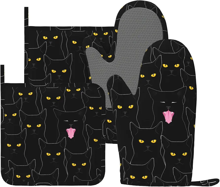 Fun Black Cat Oven Mitts and Pot Holders Set of 4 Silicone Heat Resistant Oven Mitten Potholders Non Slip Gloves Kitchen Decor for BBQ Cooking Grilling Baking