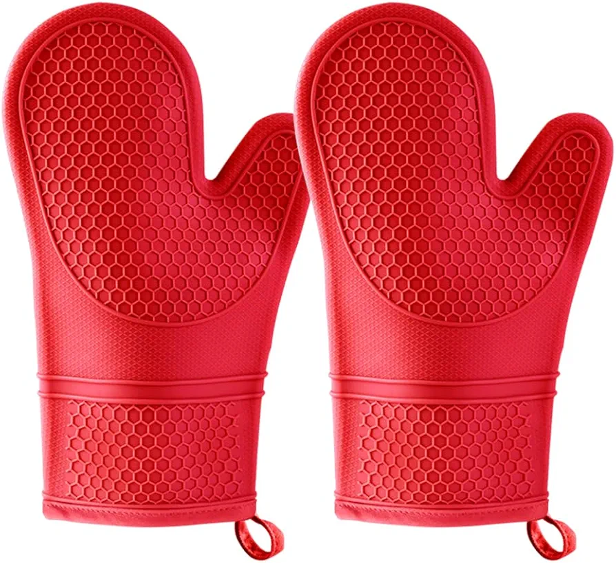 Heat Resistant Silicone Oven Mitts, Soft Quilted Lining, Extra Long, Waterproof Flexible Gloves for Cooking and BBQ, Kitchen Mitt, Easy Clean (red, Silicone)