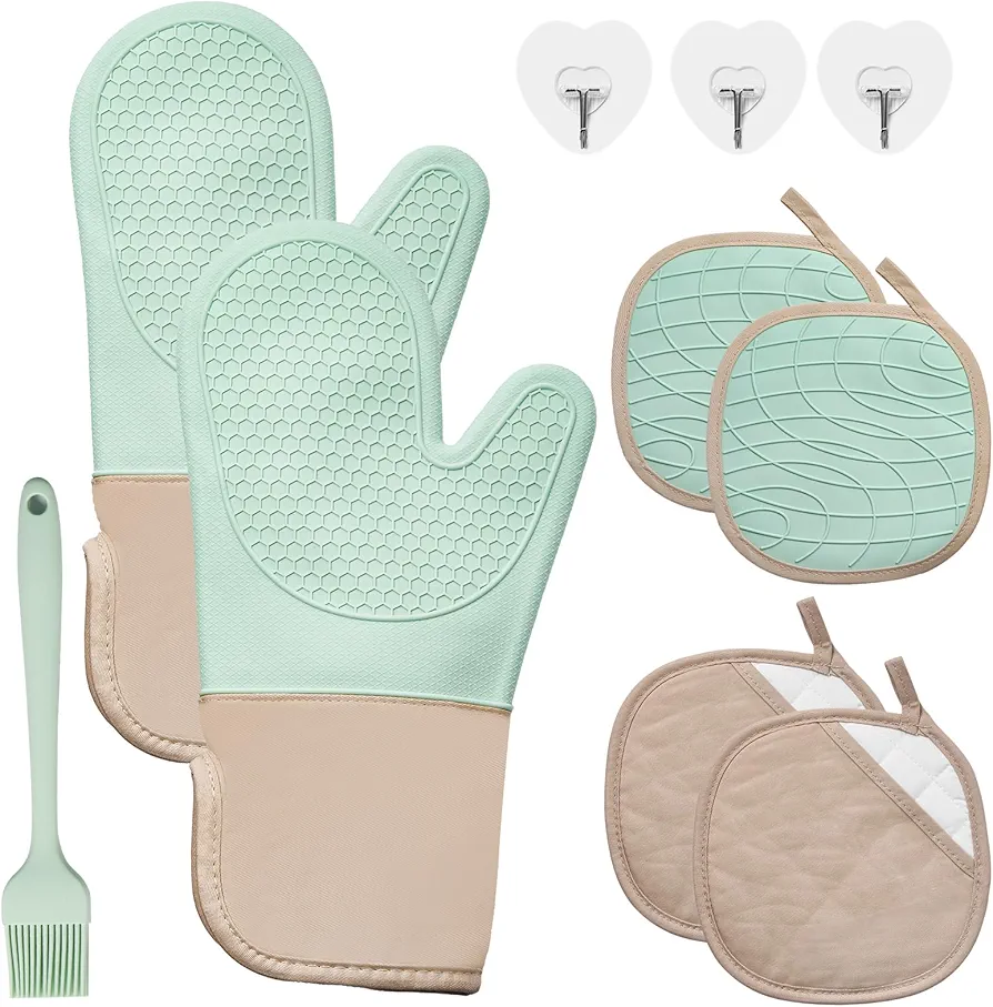 7PCS Oven Mitts and Pot Holders Cooking Mittens Heat Resistant 500°F Silicone Oven Mitts Soft Cotton Lining Pot Holders for Kitchen Non-Slip Oven Mittens for Kitchen with Hook Up Oil Brush(Mint Green)