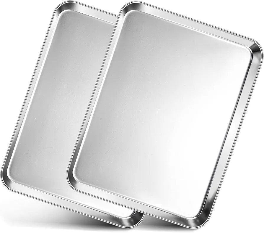 Toaster Oven Pan Tray, P&P CHEF Stainless Steel Baking Pan Cookie Sheet, Set of 2 (12.5’’ x 9.75’’ x 1’’), Rolled Edge & Round Corner, Mirror Finished & Easy Clean