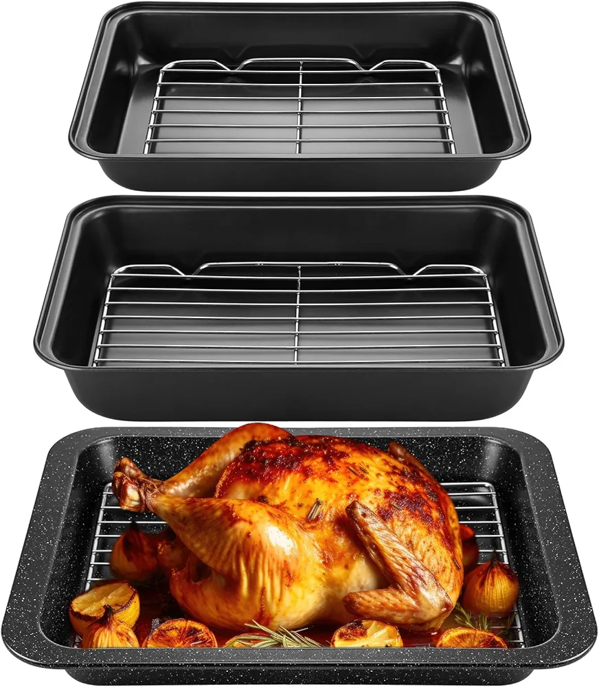 6 Pcs Roasting Pan with Rack Set 14/13/12" Stainless Steel Cookie Baking Sheet Pan and Flat Rack Baking Pans Sets Nonstick for Oven Cooking Roasting Kitchen Baking Kitchen Cookware