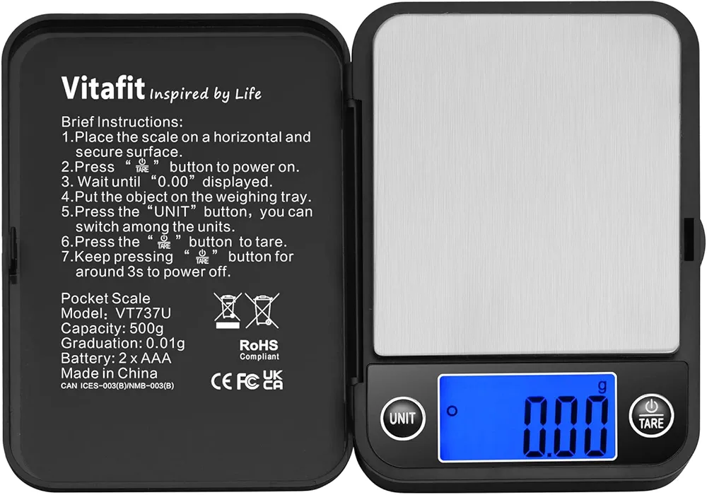 Vitafit 500g Digital Pocket Gram Scale 0.01g Accuracy, Weighing Professional Since 2001, High Precision Scale Grams for: Lab, Food, Kitchen, Coffee, Jewelry; Black