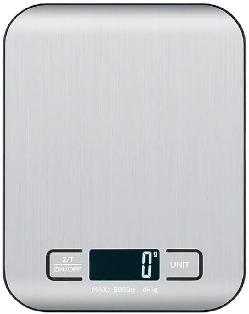 Digital Food Scale with 2 AAA Batteries Trnr-FDSCLE-SLV, Food Scale for Kitchen, Cooking Scale with Zero Tare Option, Kitchen Scale Weighs up to 11 Pounds, Measures in KG, G, LB, OZ, and ML