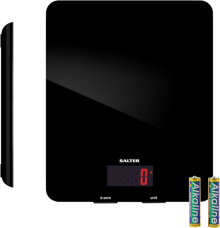 Salter Digital Platform Seen on TV, Stylish Glass Design, Electronic Cooking Scale for Home + Kitchen, Weigh Food 5kg + Liquids in ml and fl. Oz, 5 kg Capacity, Black