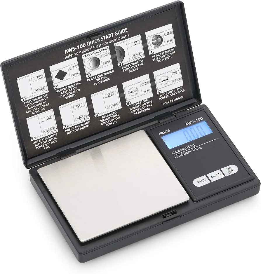 Series Digital Pocket Weight Scale, Stainless-Steel Backlit LCD 100g x 0.01g, (Black), AWS-100-Black - AMERICAN WEIGH SCALES