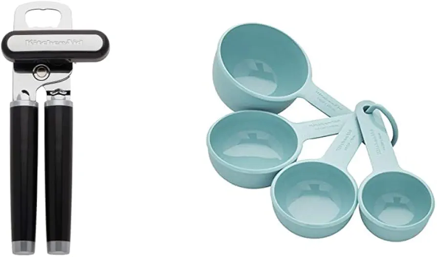 KitchenAid Classic Multifunction Can Opener/Bottle Opener, 8.34-Inch, Black and KitchenAid Measuring Cups, Set Of 4, Aqua Sky
