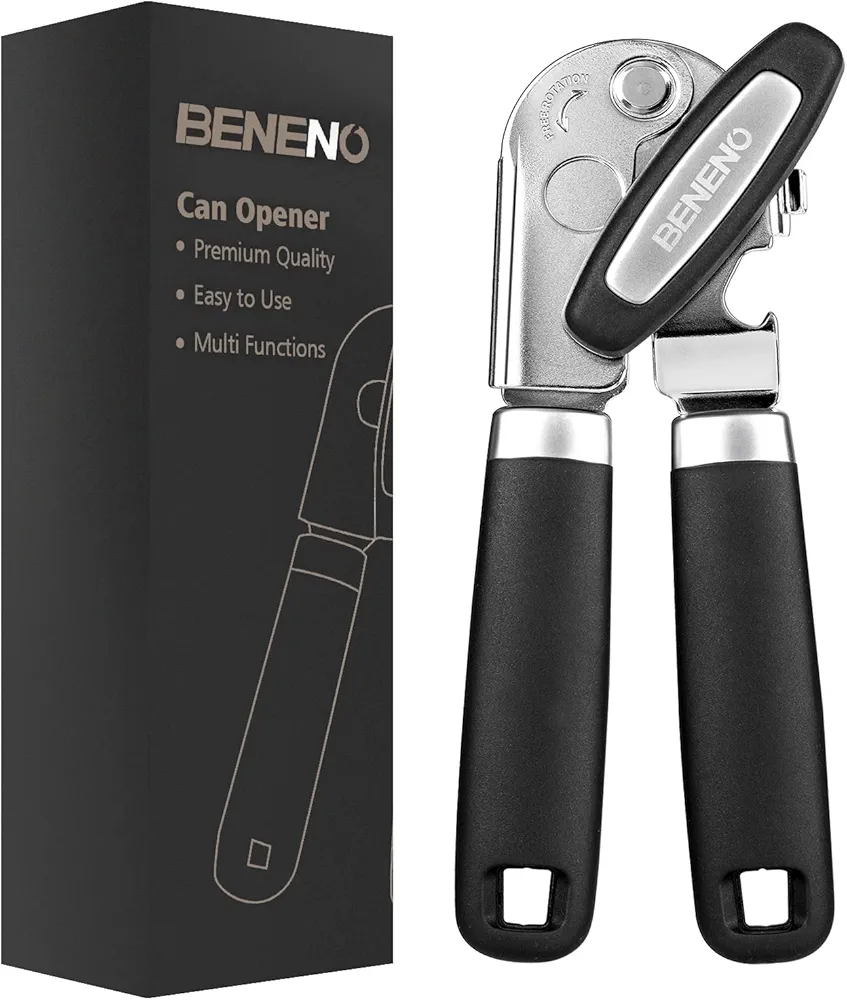 Can Opener Manual, Can Opener with Magnet, Hand Can Opener with Sharp Blade Smooth Edge, Handheld Can Openers with Big Effort-Saving Knob, Can Opener with Multifunctional Bottles Opener, Black