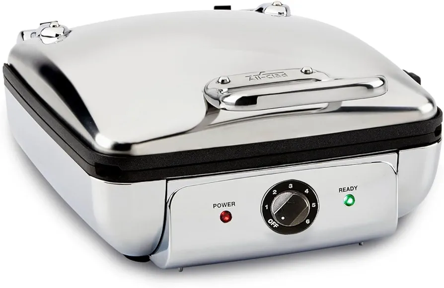 All-Clad Electrics Stainless Steel Waffle Maker 4 Section Nonstick, Upright Storage 1600 Watts 6 Browning Levels, Square, Belgium Waffle, Removable Plates, Dishwasher Safe