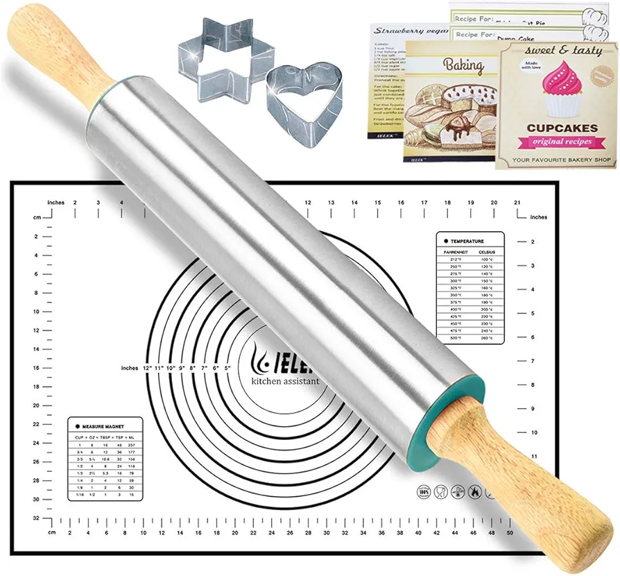 Rolling Pin Nonstick and Silicone Baking Pastry Mat Combo Kit Dough Rollers for Baking Pasta,Cookie Dough,Pastry,Bakery,Pizza