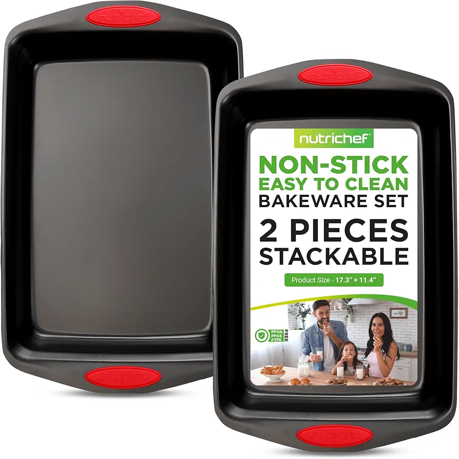 NutriChef 2-Piece Baking Pan Set - PFOA, PFOS, PTFE Free Flexible Nonstick Black Coating Carbon Steel Bakeware - Professional Home Kitchen Bake Cookie Sheet Stackable Tray w/Red Silicone Handles